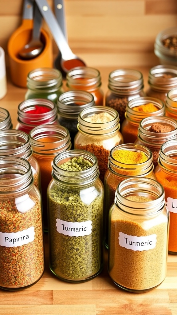 Jars of homemade seasoning mixes on a wooden countertop with measuring spoons.